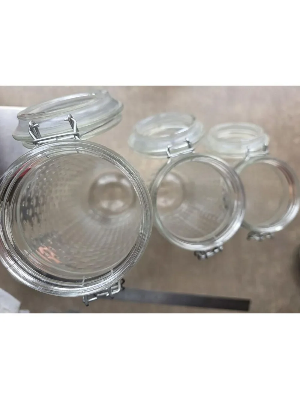 Set of 3 Clear Hobnail Glass Canisters Wire Bail Clamp Lids